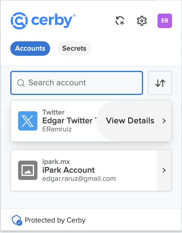 Screenshot of the Cerby browser extension popup with the View Details button displayed over an account card.