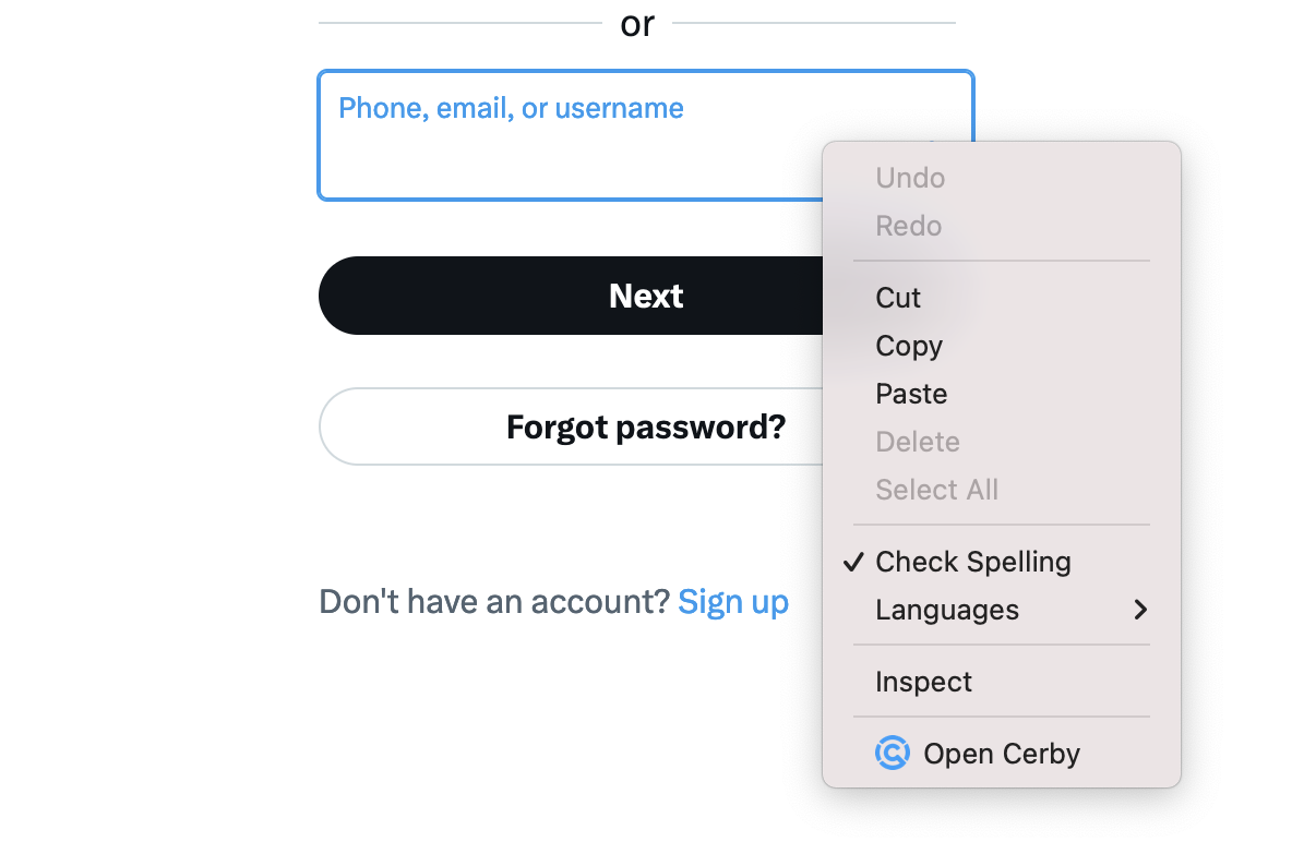 Screenshot of the context menu over an input field of Twitter's login page. The